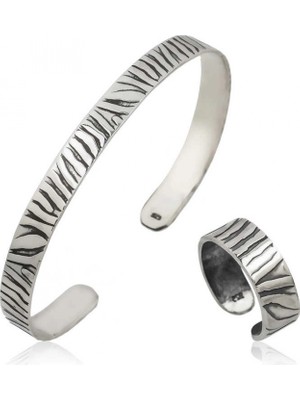 Pileli Store 925 Ayar Gümüş Zebra Desenli Bileklik ve Yüzük Set
