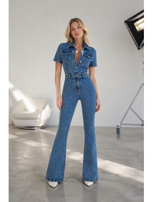 Shevega Füme Ispanyol Paça Kısa Kol Denim Tulum