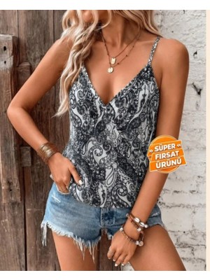 Pileli Store Kadın Ip Askılı V Yakalı Desenli Süprem Bluz