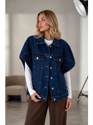 Shevega Kadın Lacivert Oversize Panço Kolsuz Kot Denim Jean Yelek