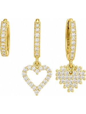 Nes Design Üçlü Taş Kalp Sallantılı Gold Küpe