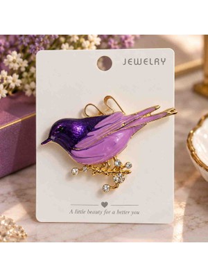 Jewelry Mor Kuş Figürlü Taşlı Broş