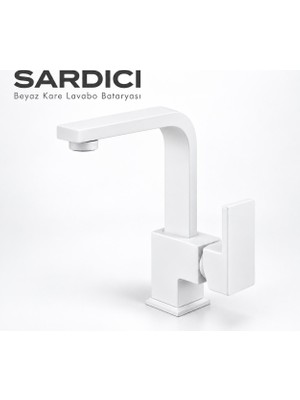 Sardıcı Beyaz Kare Lavabo Bataryası Geniş Kumanda Kollu Çift Su Girişli