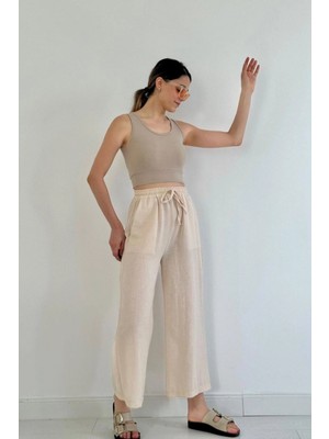 Pileli Store Bej Keten Pantolon