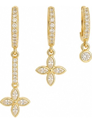 Nes Design Üçlü Taş Sallantılı Çiçek Gold Küpe