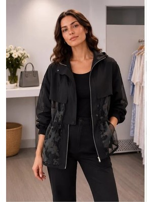 Mare Butik Organze Detaylı Kapüşonlu Siyah Ceket M