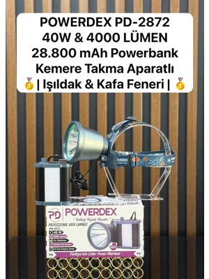 Powerdex PD-2872 40W &4 4000 Lümen 28.800 Mah Powerbank Kemere Takma Aparatlı Işıldak & Kafa Feneri