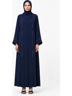 Nazzain Lacivert Dubai Ipeği Minimal Taş Detaylı Abaya