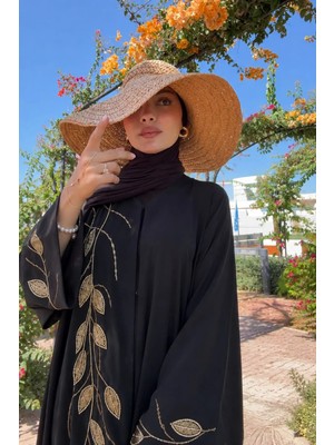 Nazzain Yaprak Desenli Özel Ithal Siyah Abaya