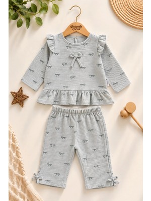 Dinamik çocuk Kız Bebek Fiyonk Desenli Fırfırlı Gofre 2'li Alt Üst Takım 3-6-9-12AYLIK