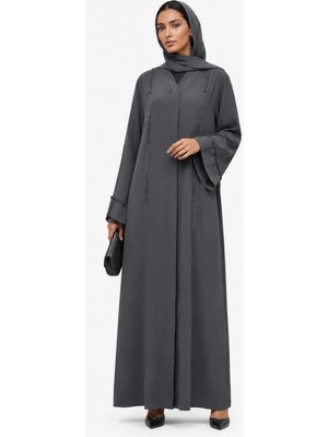 Nazzain Koyu Gri Dubai Ipeği Minimal Taş Detaylı Abaya