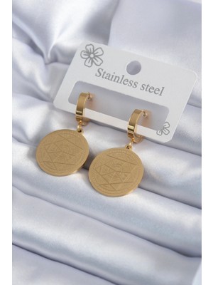 Pileli Store 316L Çelik Gold Renk Pentagram Yıldızı Işleme Model Kadın Küpe TJ-BKP7992