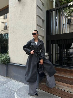 Serhane Oversize Kruvaze Yaka Kuşaklı Premium Kaban