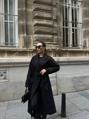 Serhane Oversize Kruvaze Yaka Kuşaklı Premium Kaban