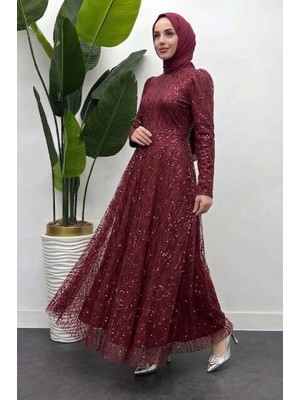 Tesettür Diyarı Angel Payet Pullu Kloş Abiye - Bordo