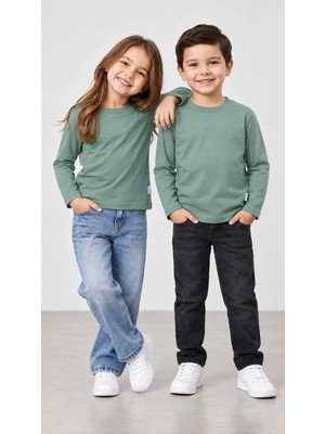 %100 Pamuk Unisex Çocuk Bisiklet Yaka Uzun Kollu Basic Badi 2-10 Yaş