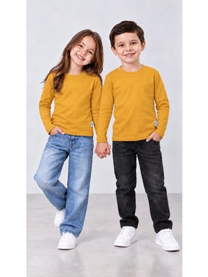 %100 Pamuk Unisex Çocuk Bisiklet Yaka Uzun Kollu Basic Badi 2-10 Yaş