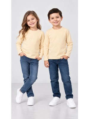 %100 Pamuk Unisex Çocuk Bisiklet Yaka Uzun Kollu Basic Badi 2-10 Yaş