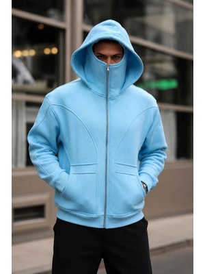 Pileli Store Erkek Maskeli Ninja Model Çift Kapüşonlu 3 Iplik Şardonlu Fermuarlı Sweatshirt - Bebek Mavisi