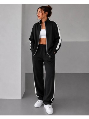Pileli Store Kadın Scuba Kumaş Oversize Şerit Detaylı Fermuarlı Alt Üst Eşofman Takımı - Siyah