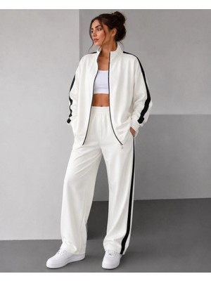 Pileli Store Kadın Scuba Kumaş Oversize Şerit Detaylı Fermuarlı Alt Üst Eşofman Takımı - Beyaz