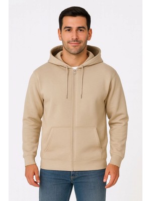 Pileli Store Üç Iplik Kapüşonlu Tam Fermuarlı Kanguru Çepli Sweatshirt Hoodie - Bej -
