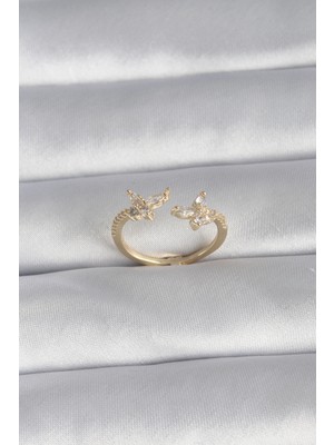 Pileli Store Pirinç Gold Renk Zirkon Taşlı Kelebek Model Kadın Yüzük TJ-BYK3008