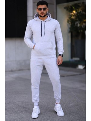 Pileli Store Erkek Iki Iplik Kapüşonlu Kanguru Cepli Sweatshirt Jogger Pantolon Alt Üst Eşofman Takımı -Beyaz
