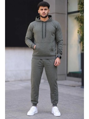 Pileli Store Erkek Iki Iplik Kapüşonlu Kanguru Cepli Sweatshirt Jogger Pantolon Alt Üst Eşofman Takımı - Haki