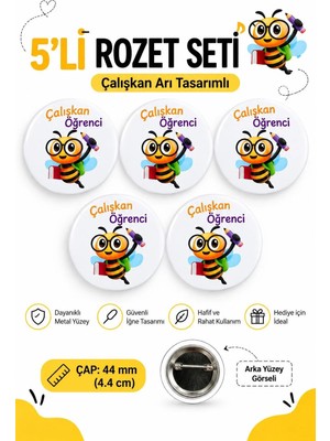 Sevimli Çalışkan Arı Öğrenci Okul Rozet Seti Ceket-Çanta-Kalemlik-Şapka-Aksesuar Rozeti (44MM) 5 Adet