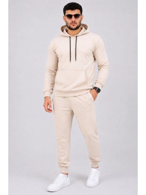 Pileli Store Erkek Iki Iplik Kapüşonlu Kanguru Cepli Sweatshirt Jogger Pantolon Alt Üst Eşofman Takımı -Bej