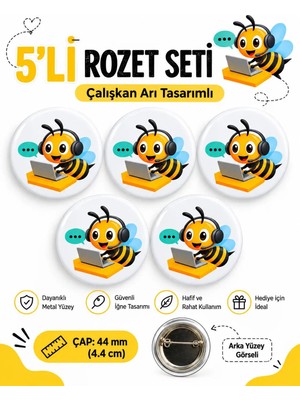 Sevimli Çalışkan Arı Öğrenci Okul Rozet Seti Ceket-Çanta-Kalemlik-Şapka-Aksesuar Rozeti (44MM) 5 Adet