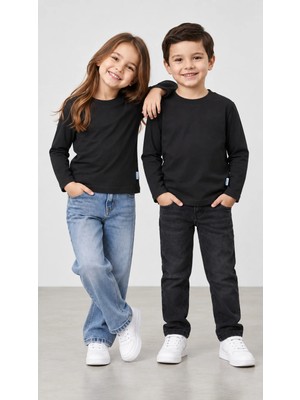 %100 Pamuk Unisex Çocuk Bisiklet Yaka Uzun Kollu Basic Badi 2-10 Yaş
