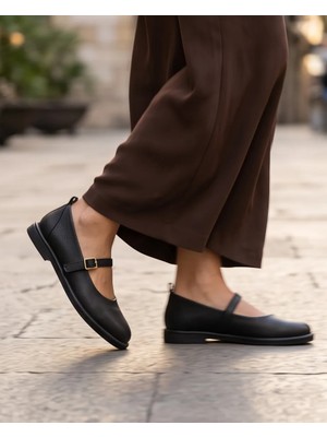 Futsi Shoes Sora Siyah Hakiki Floter Deri Rahat Kalıp Mary Jane Tokalı Kadın Babet