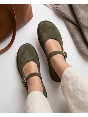 Futsi Shoes Sora Haki Hakiki Süet Deri Rahat Kalıp Mary Jane Tokalı Kadın Babet