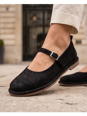 Futsi Shoes Sora Siyah Hakiki Kroko Süet Deri Rahat Kalıp Mary Jane Tokalı Kadın Babet