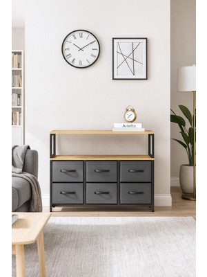 Neva Home 2 Raflı 6 Çekmeceli Konsol Kitaplık Deri Çekmeceli Çocuk Odası Organizer Gri