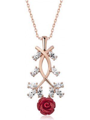 Pileli Store ​925 Ayar Gümüş Rose Kırmızı Gül Gümüş Kolye