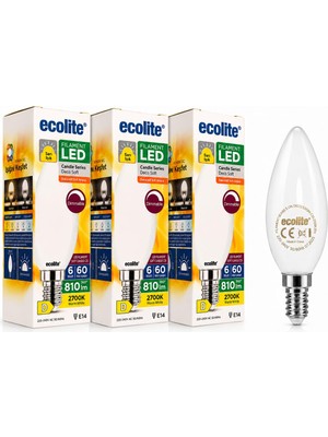 Neva Home Ecolite 3’lü Paket 6W E14 Filament LED Mum Ampul, 2700K Sarı Işık, 810 Lümen, 60W Eşdeğer, Dim Edilebilir, C35 Dekoratif Tam Cam Ampul