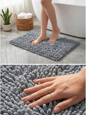 Neva Home Şönil Banyo Paspası, Mikro Elyaf, Beyaz, 40X60 cm Banyo Halısı, Uzun Tüylü, Yüksek Emicilik, Makinede Yıkanabilir (Gri)