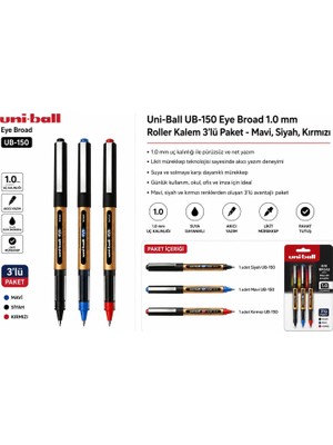 Neva Home Mavi Siyah Kırmızı Pilot Kalem 3 Adet Uniball Eye Broad 1.0 mm Roller Pilot Kalem UB-150-10 Roller Uçlu Likit Mürekkepli
