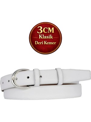GoDeri Hakiki Deri, 3 cm Gümüş Renk Tokalı, Beyaz, Dikişli Klasik Kadın Kemeri, 3CMKLA01