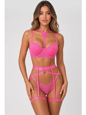 eyetis Fuşya Dantelli Fantazi İç Giyim Takımı, Strap DetaylıJartiyer Görünümlü Seksi Lingerie Set Kadın Gecelik & Özel Gece Kombini