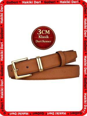 GoDeri Hakiki Deri, 3 cm Gold Renk Takım Tokalı, Nubuk Taba, Dikişli Klasik Kadın Kemeri, 3CMKLA47
