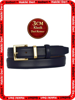 GoDeri Hakiki Deri, 3 cm Gold Renk Takım Tokalı, Lacivert, Dikişli Klasik Kadın Kemeri, 3CMKLA47