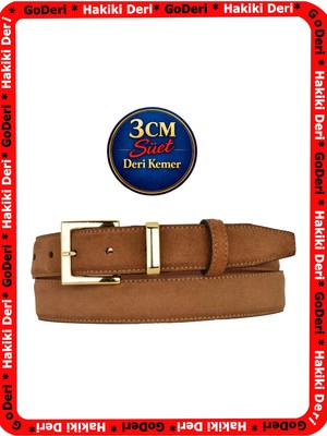 GoDeri Hakiki Deri, 3 cm Gold Renk Takım Tokalı, Koyu Tarçın Süet, Dikişli Klasik Kadın Kemeri, 3CMKLA47