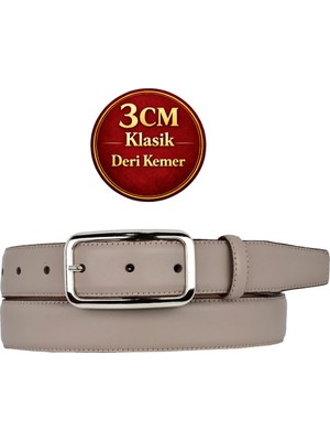 GoDeri Hakiki Deri, 3 cm Gümüş Renk Tokalı, Vizon, Dikişli Klasik Kadın Kemeri, 3CMKLA50