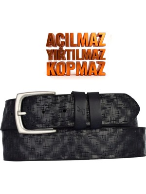 GoDeri %100 Hakiki Deri, 4.2 cm Lacivert Desenli Açılmaz Kot Kemeri, Keten Kemeri 4cm-Apo