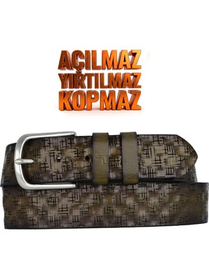 GoDeri %100 Hakiki Deri, 4.2 cm Zeytin Yeşili Desenli Açılmaz Kot Kemeri, Keten Kemeri 4cm-Apo