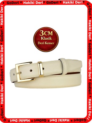 GoDeri Hakiki Deri, 3 cm Gold Renk Takım Tokalı, Açık Krem, Dikişli Klasik Kadın Kemeri, 3CMKLA47